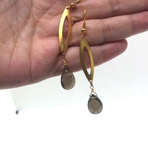 Matte Gold and Smokey Quartz Faceted Teardrop Earrings - Picture 6 of 7